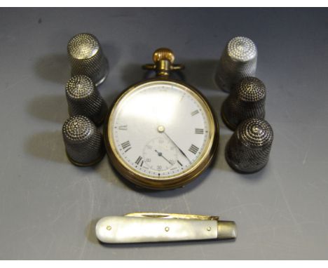 A Ruban gold plated open faced pocket watch, subsidiary seconds dial;  a mother-of-pearl and silver hafted fruit pocket knife