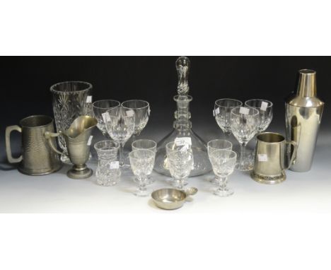 Pewter and Glass - a silver plated cocktail shaker; a contemporary ships decanter; cut glass vase; hammered pewter tankard; e