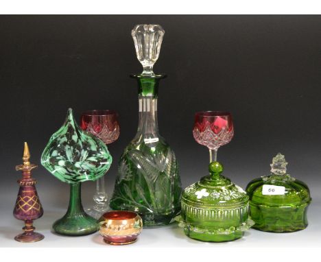 Glassware - a green glass decanter; a Jack in the pulpit vase; fancy bowls; ruby glass hock glasses; etc