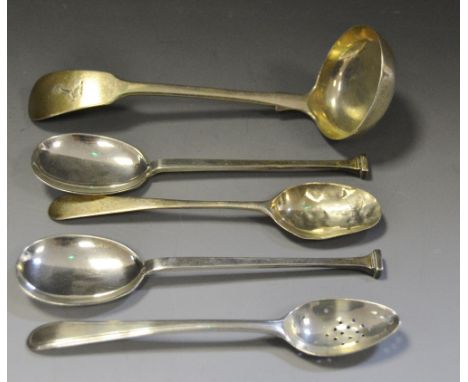 Silver - a William IV silver sauce ladle, London 1836;  a pair of silver tea spoons; 81g gross etc (5)