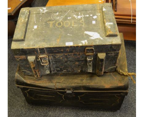 An  ammunition box, metal band corners and hinges painted grey with Tools to lid; a large metal travel trunk (2)