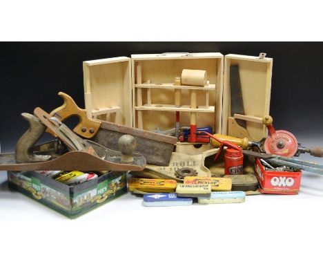 Tools - a Wesco oil canister, bicycle repair kits, vintage tins, keys,a childs wooden tool kit, Stanley plane, various tool r