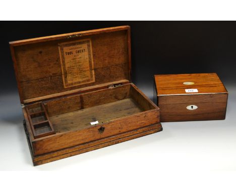 Boxes and Objects - a Victorian mahogany workbox, mother of pearl escutcheon; an oak workbox (2)