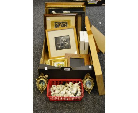 Household Goods - picture frames, framed embroidery, framed prints, ceramic thimbles (1 box)