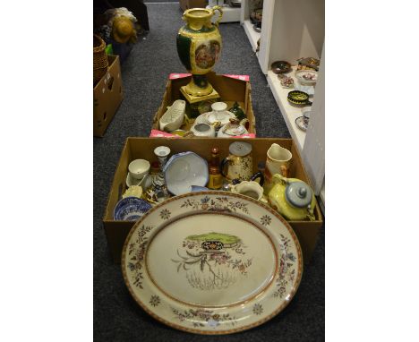 Ceramics - an Oriental eggshell part tea service; Victorian Staffordshire meat plate;  framed prints ; etc (2 boxes)
