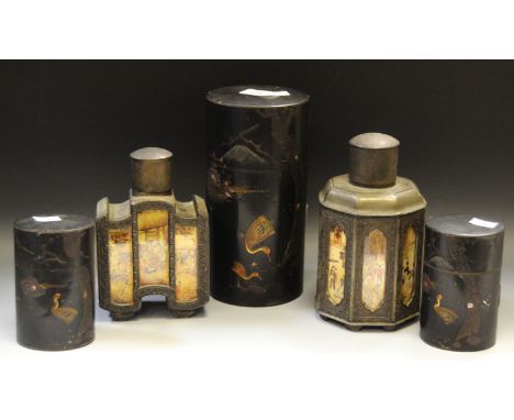 An octagonal tea caddy, mid 20th Century; another rectangular; inset panels of Oriental ladies; three Japanese circular canis