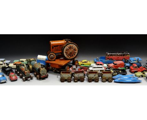 Toys - a Folk Art  Tractor and Trailer; Thomas the Tank Engine type scratch built engine and trucks; a collection of tinplate