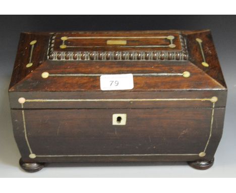 A Victorian rosewood and mother of pearl inlay sarcophagus shaped tea caddy (faults)