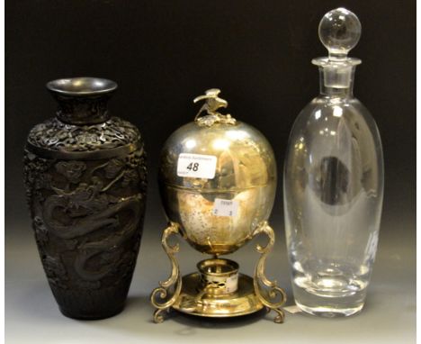 A Chinese black lacquer ovoid vase decorated with a dragon; a Robert Mondavi for Waterford decanter; an EPNS egg coddler (3)