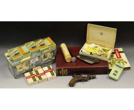 Joseph Rogers & Co folding knife, faux horn haft;  a starting pistol;  a Roto Dial type pocket thermometer;  cigarette cards 