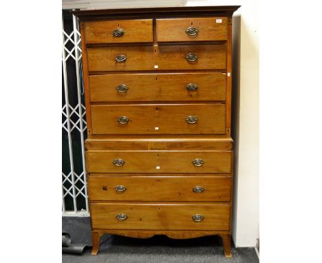 A late Victorian/ early 20th Century mahogany chest on chest, ogee cornice above four long drawers, flanked by ebony stung sa