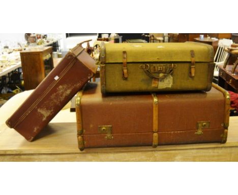 Luggage - a wooden bound steam trunk; another smaller, fitted with leather straps; another (3)