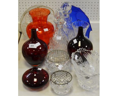 Glassware - a Victorian cut glass decanter; another; ruby glass specimen vases; cut glass rose bowls;  etc qty 