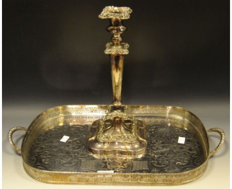 A Georgian silver plated copper candle stick; a Viner's of Sheffield gallery tray (2)