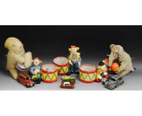 Toys - a clockwork Rabbit playing a drum (faults); a clockwork Elephant (faults); lead toys;  etc qty 