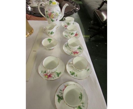 ADDERLEY FOLIATE PATTERNED COFFEE POT, MILK JUG, SUGAR BOWL AND SIX CUPS AND SAUCERS.