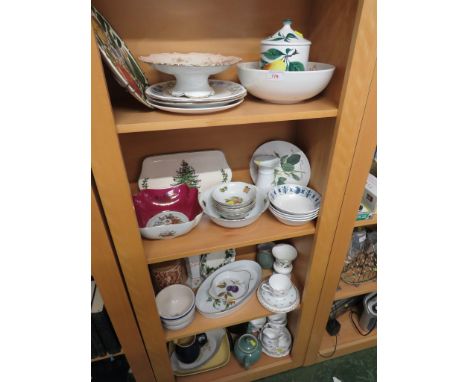 FOUR SHELVES OF HOME AND DECORATIVE CHINA INCLUDING SPODE CHRISTMAS TREE TRAY, TEA CUPS AND SAUCERS AND OTHER ITEMS.