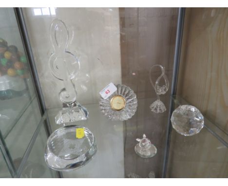 WATERFORD CRYSTAL MUSICAL NOTE, MARQUESS GLASS DESK CLOCK , SWAROVSKI CANDLE HOLDER AND OTHER GLASS.