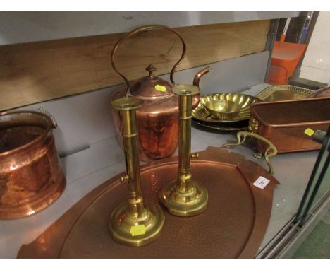 COPPER AND BRASS WARE INCLUDING ART NOUVEAU STYLE PLANISHED TRAY, PAIR OF CANDLESTICKS, KETTLE, TROUGH AND OTHER ITEMS.