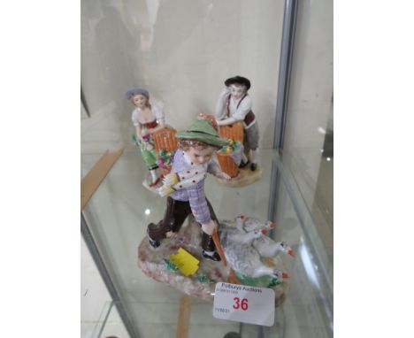 THREE SITZENDORF PORCELAIN FIGURES - LADY WITH GRAPES AND GENT WITH FRUIT, AND BOY WITH GEESE.