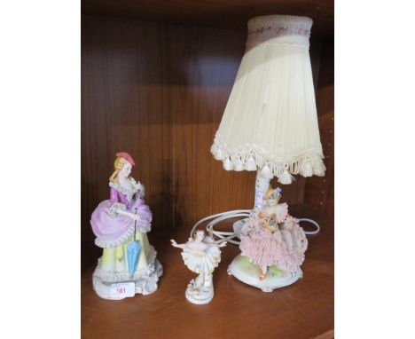 CONTINENTAL PORCELAIN FIGURAL TABLE LAMP, TOGETHER TWO FIGURINES INCLUDING BALLERINA