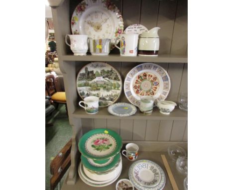 A CHINA CLOCK PLATE, COLLECTORS PLATE, COMPORT AND PLATES DECORATED WITH ROSES AND OTHER DECORATIVE CHINA.
