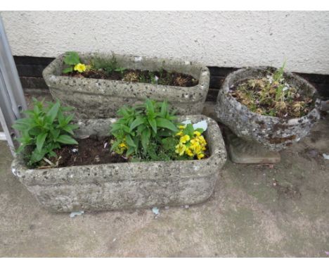 TWO STONE TROUGH PLANTERS AND A SMALL CIRCULAR STONE PLANTER ON SQUARE FOOT