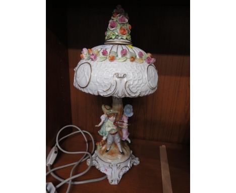 CONTINENTAL PORCELAIN TABLE LAMP DEPICTING DANCING CHILDREN ENCRUSTED WITH FLOWERS, PORCELAIN SHADE WITH LITHOPANE PANELS.