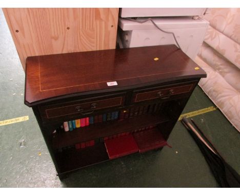 MAHOGANY VENEER AND BOX WOOD STRUNG SMALL BOOK CASE WITH ADJUSTABLE SHELF AND TWO DRAWERS TO TOP.