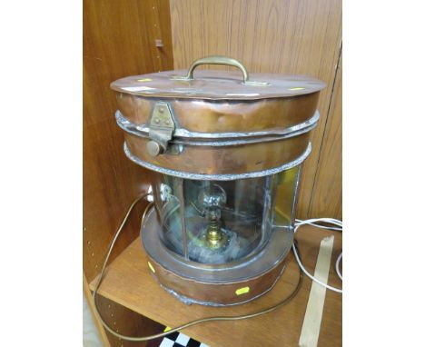 ANTIQUE COPPER AND BRASS W DOXFORD AND SONS MAST HEAD SHIPS LIGHT CONVERTED INTO A TABLE LAMP.
