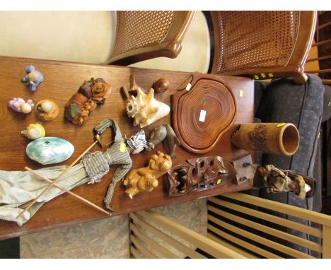 A FOLDING WOODEN BASKET, A TOURIST WARE FAR EASTERN PUPPET AND OTHER TOURIST ITEMS