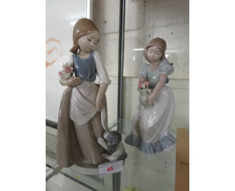 TWO NAO PORCELAIN FIGURINES OF GIRLS, ONE WITH FLOWERS AND ONE WITH PUPPY.