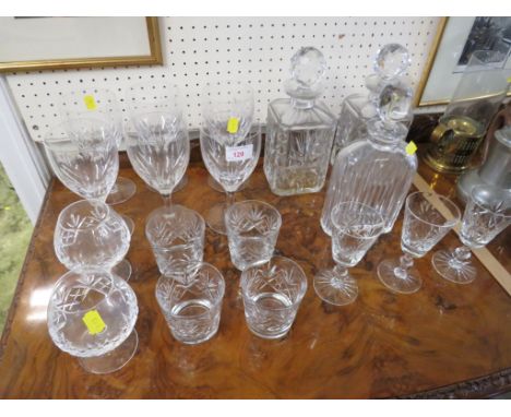 PAIR OF CUT GLASS STOPPERED DECANTERS AND A CUT GLASS FLASK DECANTER. TOGETHER WITH ASSORTED DRINKING VESSELS INCLUDING SIX W