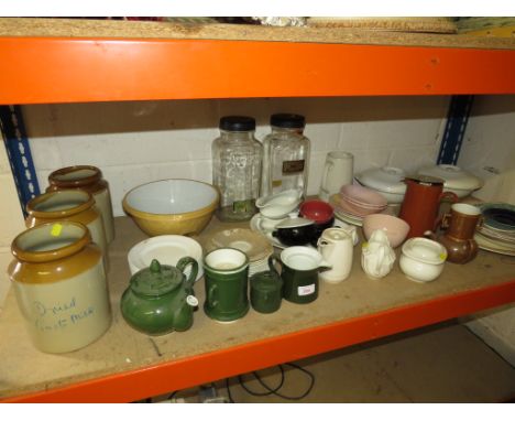 ONE SHELF VINTAGE CHINA INCLUDING TEA POTS LIDDED TUREENS, JUGS . TOGETHER WITH THREE STONEWARE JARS AND TWO GLASS SWEET JARS