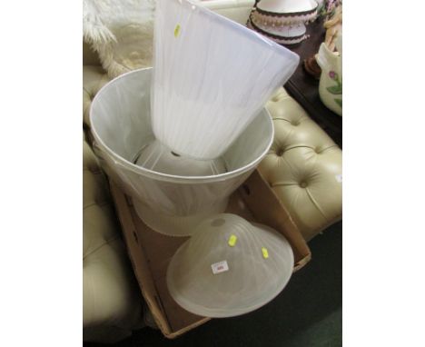 TWO OPAQUE GLASS CEILING LIGHT SHADES AND THREE MODERN FABRIC TABLE LAMP SHADES