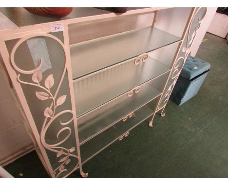 CREAM PAINTED WROUGHT IRON OPEN SHELF UNIT WITH FIVE GLASS OPEN SHELVES.