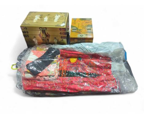 A group of Chinese items including a Chinese gold toned, three drawer jewellery box embellished with mother of pearl inlays d