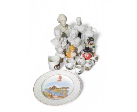 A collection of W. H. Goss porcelain items, including miniature bust of Lady Godiva in both a white bisque glaze and a colour