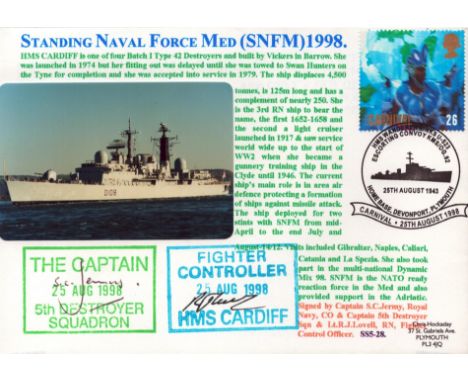 Royal Navy double signed HMS Cardiff 1998 Standing Force Med official special series cover signed by Captain S Jermy and Figh