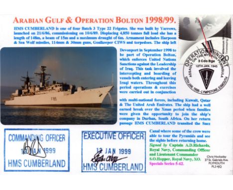 Royal Navy double signed HMS Cumberland 1999 Arabian Gulf Operation Bolton official special series cover signed by Captain A 