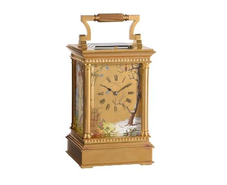 A fine French gilt brass carriage clock with painted porcelain panels and push-button repeatRetailed by Edward and Sons, Pari