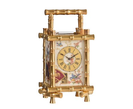 A fine French gilt bamboo cased miniature carriage timepiece with Aesthetic style porcelain panelsUnsigned, Paris, late 19th 