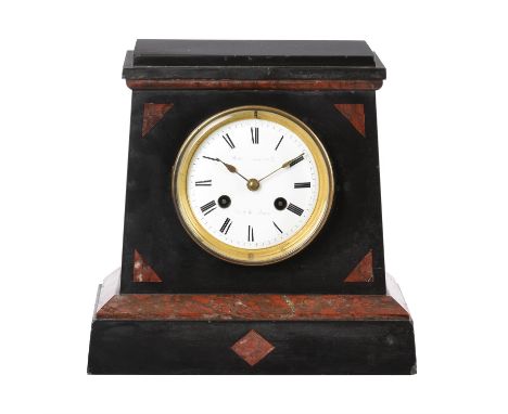 A French Rojo inset Belge noir marble mantel clock in the Egyptian tasteRetailed by Howell James and Company, London, circa 1
