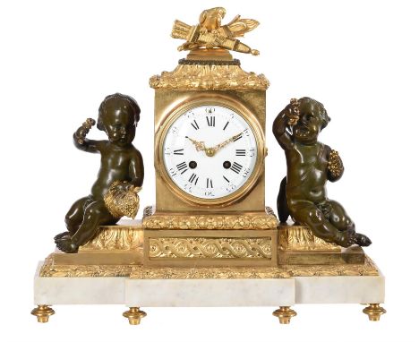 A French Napoleon III bronze, ormolu and white marble figural mantel clock in the Louis XVI styleRetailed by Juvenaux, Paris,