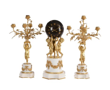 A French Louis XVI style ormolu and white marble mantel clock garnitureThe movement by Samuel Marti, Paris, late 19th century