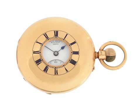 A Victorian 18ct gold keyless half-hunter pocket watchDent, London, 1895/6The circular frosted gilt three-quarter plate movem