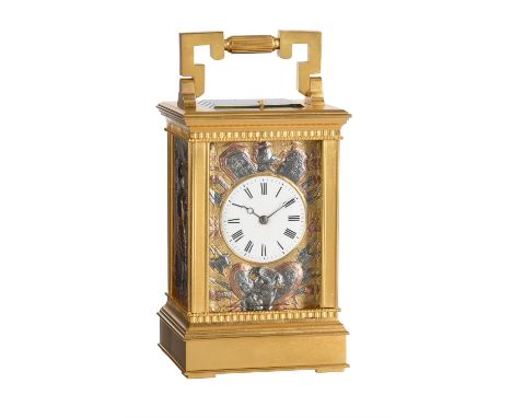 A fine French gilt brass carriage clock with multi-colour relief cast panels and push-button repeat Unsigned, Paris, circa 18