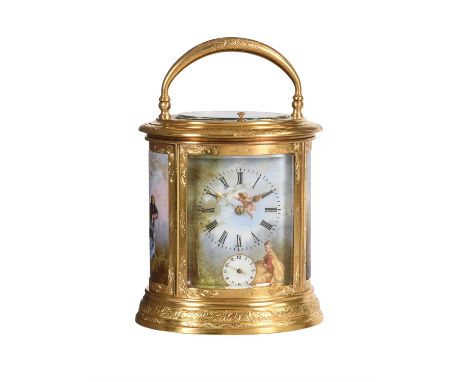 A fine French engraved gilt brass oval repeating alarm carriage clock with painted porcelain panels Probably by Jules Brunelo