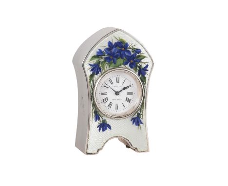 An Edwardian polychrome floral enamelled engine-turned silver small boudoir timepieceRetailed by Marcus and Company, New York