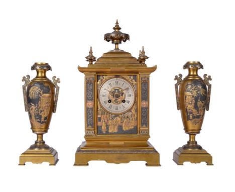 A French gilt brass mantel clock garniture in the Chinese taste with fine multi-coloured relief cast panelsAchille Brocot, Pa